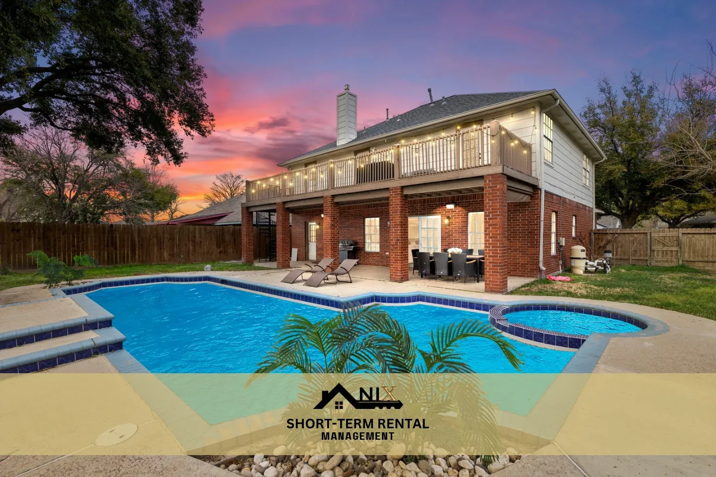 Tropical Paradise vacation home and private swimming pool at twilight